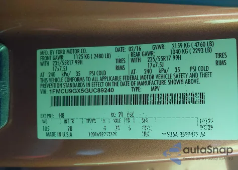 2016 Ford Escape Se z USA, uszkodzony, nr VIN 1FMCU9GX5GUC89240